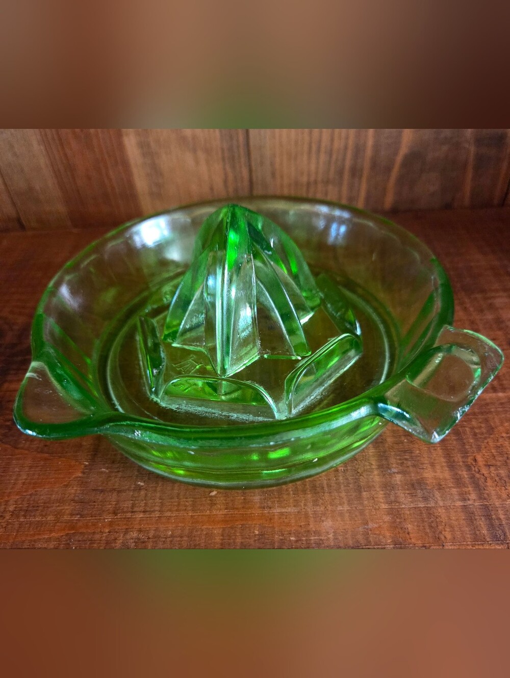 VTG Marked Hazel Atlas Green Uranium Glass Juicer Reamer